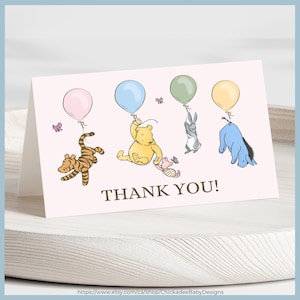 Pink Classic Winnie the Pooh Baby Shower Thank You Card Printable Template, A Little Hunny is On The Way, Vintage Pooh Bear Stationery