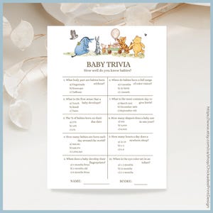 White Classic Winnie the Pooh Baby Shower Game Baby Trivia Printable Template, A Little Hunny is on the Way Vintage Pooh Bear Gender Neutral