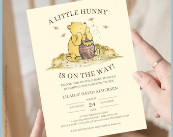 Classic Winnie the Pooh Baby Shower Invitation Printable Template, A Little Hunny is On The Way, Vintage Pooh Bear Stationery Digital Invite