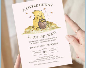 Pink Classic Winnie the Pooh Baby Shower Invitation Printable Template, A Little Hunny is On The Way, Vintage Pooh Bear Stationery, Digital