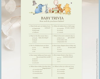 Green Classic Winnie the Pooh Baby Shower Game Baby Trivia Printable Template, A Little Hunny is on the Way Vintage Pooh Bear Gender Neutral