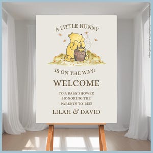 Beige Classic Winnie the Pooh Baby Shower Welcome Sign Set Printable Templates A Little Hunny is On the Way, Vintage Pooh Bear Decor Neutral