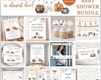 A Little Boo is Almost Due Halloween Theme Baby Shower Mega Bundle Printable Templates, Editable Stationery, Welcome Sign, Games Signs Decor