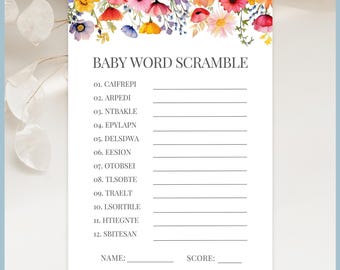 Baby in Bloom Theme Baby Shower Game - Baby Word Scramble Set Printable Template, Wildflower Spring Floral Meadow Wild Flower Gender Neutral
