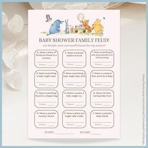 Pink Classic Winnie the Pooh Baby Shower Game Family Feud Set, Printable Template, A Little Hunny is on the Way, Vintage Pooh Bear Baby Girl
