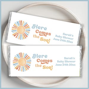 Here Comes the Son Theme Vintage Baby Shower Chocolate Bar Wrapper Label Printable Template  Editable Candy Favors Boho Retro Sunshine Party