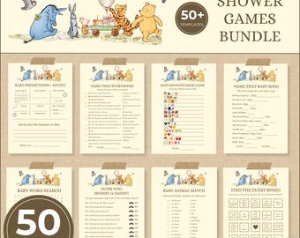 Classic Winnie the Pooh Baby Shower 50 Games Bundle, Printable Templates, A Little Hunny is on the Way, Vintage Pooh Bear, Gender Neutral