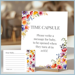 Baby in Bloom Theme Baby Shower Time Capsule - Message for Baby Game Sign, Printable Templates Spring Floral Wildflower Decor, Wild Flower