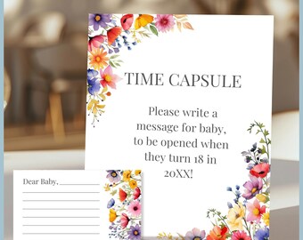 Baby in Bloom Theme Baby Shower Time Capsule - Message for Baby Game Sign, Printable Templates Spring Floral Wildflower Decor, Wild Flower