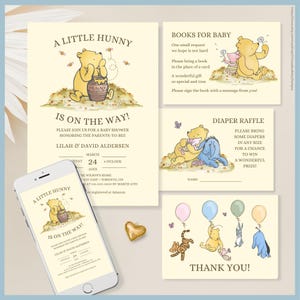 Classic Winnie the Pooh Baby Shower Invitation Set Printable Templates, A Little Hunny is On The Way, Vintage Pooh Bear Stationery