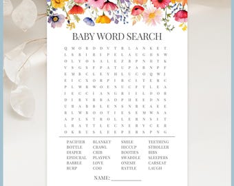 Baby in Bloom Theme Baby Shower Game - Baby Word Search Set Printable Template, Wildflower Spring Floral Meadow Wild Flower, Gender Neutral