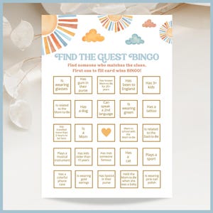 Here Comes the Son Theme Vintage Baby Shower Game Find the Guest Bingo Printable Template, Find the Person, Boho Sunshine Retro Boy Party