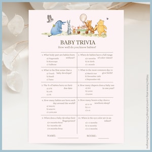 Pink Classic Winnie the Pooh Baby Shower Game Baby Trivia Printable Template, A Little Hunny is on the Way, Vintage Pooh Bear, Baby Girl