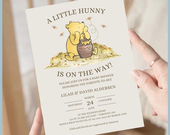 Beige Classic Winnie the Pooh Baby Shower Invitation Printable Template, A Little Hunny is On The Way, Vintage Pooh Bear Stationery, Digital