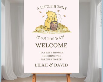 Pink Classic Winnie the Pooh Baby Shower Welcome Sign Set Printable Templates, A Little Hunny is On the Way, Vintage Pooh Bear Decor, Girl
