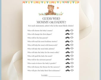 We Can Bearly Wait Theme Baby Shower Game - Guess Who Mommy or Daddy Printable Template Gender Neutral Activity Woodland Teddy Bear Editable
