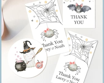 A Little Boo Is Almost Due Halloween Theme Baby Shower Favor Tag Printable Template Set, Gift Tag, Cute Ghost, Spider, Bat, Thank You Tag