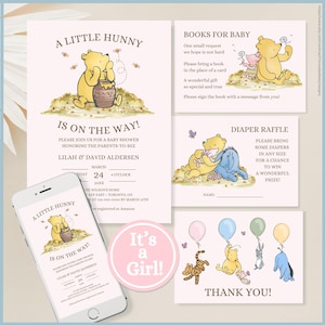 Pink Classic Winnie the Pooh Baby Shower Invitation Set Printable Template, A Little Hunny is On The Way, Vintage Pooh Bear Stationery, Girl