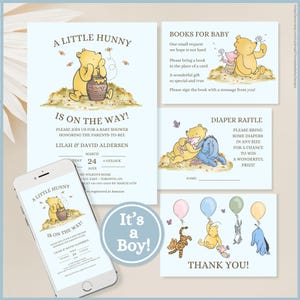 Blue Classic Winnie the Pooh Baby Shower Invitation Set Printable Template, A Little Hunny is On The Way, Vintage Pooh Bear Stationery, Boy