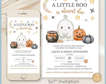A Little Boo is Almost Due Halloween Theme Baby Shower Invitation Set Printable Templates, Cute Ghost Pumpkins Editable Halloween Stationery