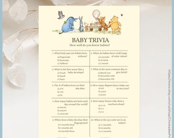 Classic Winnie the Pooh Baby Shower Game - Baby Trivia Printable Template, A Little Hunny is on the Way,  Vintage Pooh Bear, Gender Neutral