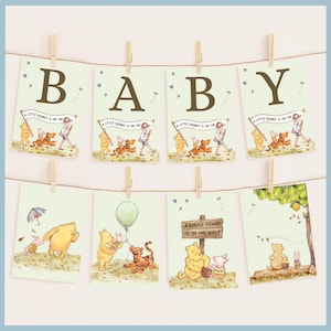 Green Classic Winnie the Pooh Baby Shower Bunting Banner Sign Printable Template A Little Hunny is on the Way Pooh Bear Decor Alphabet Flag