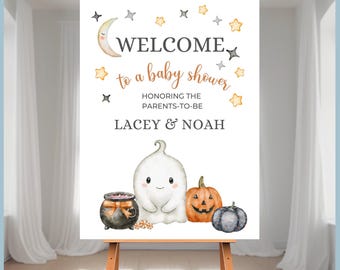 A Little Boo is Almost Due Halloween Theme Baby Shower Welcome Sign Printable Templates Bundle, Party Decor, Cute Ghost Pumpkins, Editable