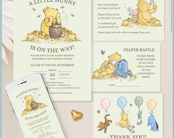 Green Classic Winnie the Pooh Baby Shower Invitation Set Printable Template, A Little Hunny is On The Way, Vintage Pooh Bear Stationery