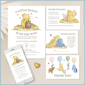 White Classic Winnie the Pooh Baby Shower Invitation Set Printable Template, A Little Hunny is On The Way, Vintage Pooh Bear Stationery