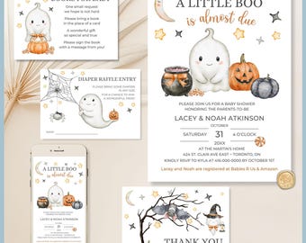 A Little Boo is Almost Due Halloween Theme Baby Shower Invitation Set Printable Templates, Cute Ghost, Pumpkin, Stationery, Books For Baby