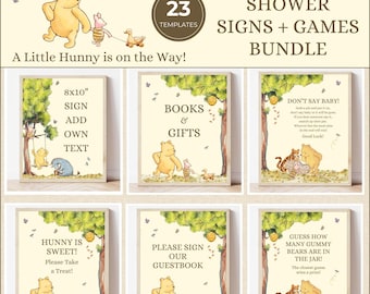 Classic Winnie the Pooh Baby Shower 23 Signs & Games Bundle Printable Templates A Little Hunny is on the Way Neutral Vintage Pooh Bear Decor