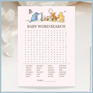 Pink Classic Winnie the Pooh Baby Shower Game Baby Word Search Printable Template, A Little Hunny is on the Way, Vintage Pooh Bear Baby Girl