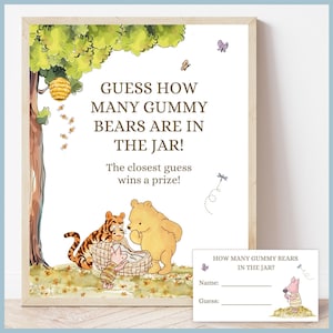 White Classic Winnie the Pooh Baby Shower Guess How Many Gummy Bears Sign Printable Template, A Little Hunny is on the Way Pooh Shower Decor