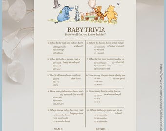 Beige Classic Winnie the Pooh Baby Shower Game Baby Trivia Printable Template, A Little Hunny is on the Way Vintage Pooh Bear Gender Neutral