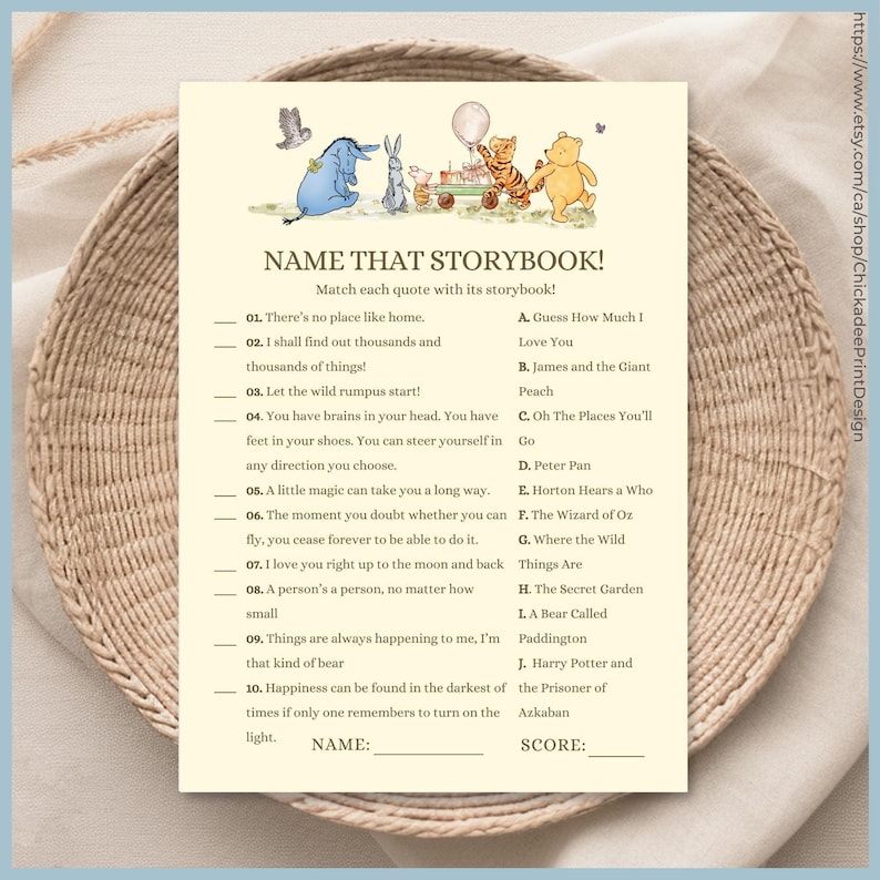 Classic Winnie the Pooh Baby Shower Game Name That Storybook Game Printable Template A Little Hunny is on the Way Vintage Pooh Bear Neutral image 2