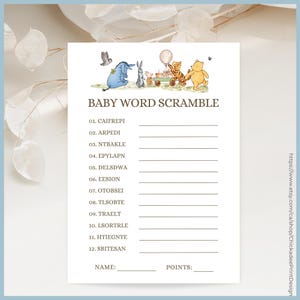 White Classic Winnie the Pooh Baby Shower Game Baby Word Scramble Printable Template, A Little Hunny is on the Way Vintage Pooh Bear Neutral