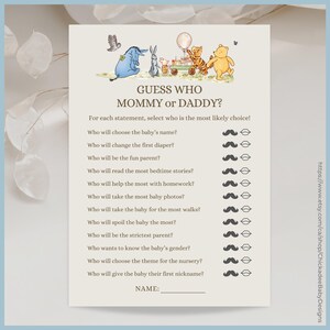 Beige Classic Winnie the Pooh Baby Shower Game Guess Who Mommy or Daddy Printable Template, A Little Hunny is on the Way, Vintage Pooh Bear