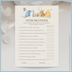 Beige Classic Winnie the Pooh Baby Shower Game - Over or Under Printable Template, A Little Hunny is on the Way, Vintage Pooh Bear, Neutral