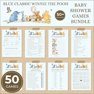Blue Classic Winnie the Pooh Baby Shower 50 Games Bundle, Printable Templates, A Little Hunny is on the Way, Vintage Pooh Bear, Baby Boy