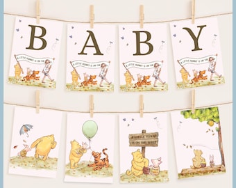 Pink Classic Winnie the Pooh Baby Shower Bunting Banner Sign Printable Template A Little Hunny is on the Way Pooh Bear Decor, Alphabet Flag