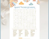 Here Comes the Son Theme Vintage Baby Shower Game - Baby Word Search Set Printable Templates, Find a Word, Boho Sunshine Clouds, Retro Sun