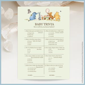 Green Classic Winnie the Pooh Baby Shower Game Baby Trivia Printable Template, A Little Hunny is on the Way Vintage Pooh Bear Gender Neutral