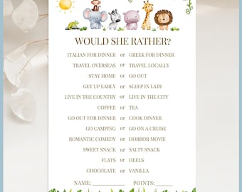 Oh Baby Safari Animals Theme Baby Shower Game - Would She Rather Printable Template, Editable Gender Neutral Party Activity Jungle Greenery
