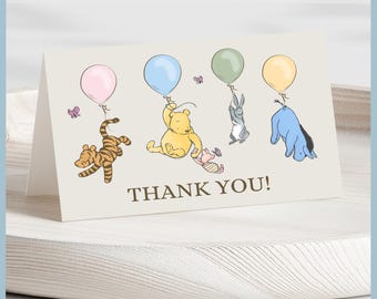 Beige Classic Winnie the Pooh Baby Shower Thank You Card Printable Template, A Little Hunny is On The Way, Vintage Pooh Bear Stationery