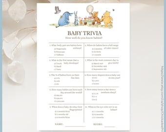White Classic Winnie the Pooh Baby Shower Game Baby Trivia Printable Template, A Little Hunny is on the Way Vintage Pooh Bear Gender Neutral