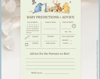 Green Classic Winnie the Pooh Baby Shower Game Baby Predictions & Advice Printable Template, A Little Hunny is on the Way, Vintage Pooh Bear
