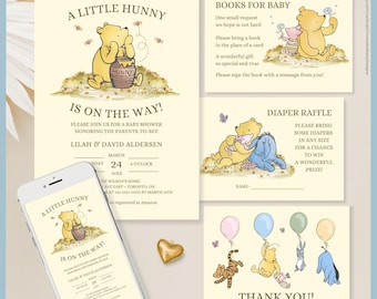 Classic Winnie the Pooh Baby Shower Invitation Set Printable Templates, A Little Hunny is On The Way, Vintage Pooh Bear Stationery