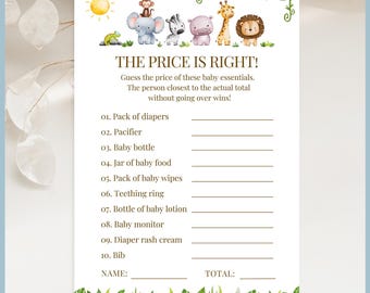 Oh Baby Safari Animals Theme Baby Shower Game - The Price is Right Printable Template Gender Neutral Party Editable Activity Jungle Greenery