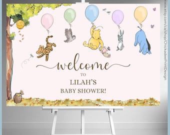 Pink Classic Winnie the Pooh Baby Shower Balloon Welcome Sign Set Printable Templates, A Little Hunny is On the Way, Vintage Pooh Bear Decor