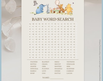 Beige Classic Winnie the Pooh Baby Shower Game - Baby Word Search Printable Template, A Little Hunny is on the Way Vintage Pooh Bear Neutral